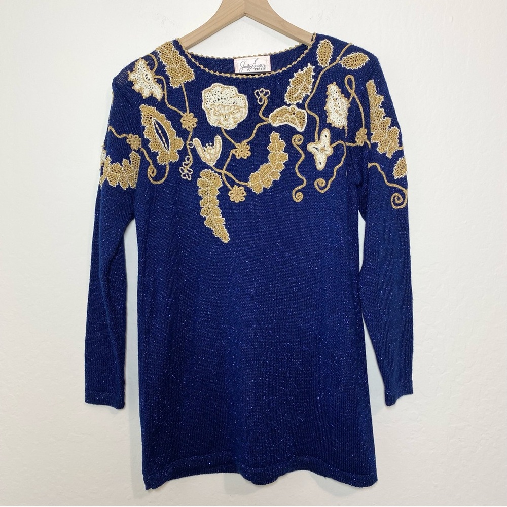Jaclyn Smith Petite Women’s M Metallic Knit Vintage Embroidered Sweater Pullover